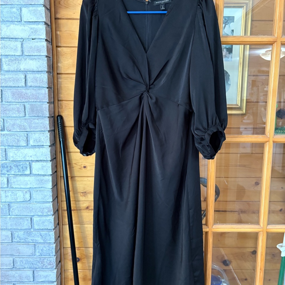 Banana Republic Black Ruched V-Neck satin Gown with flounce sleeves